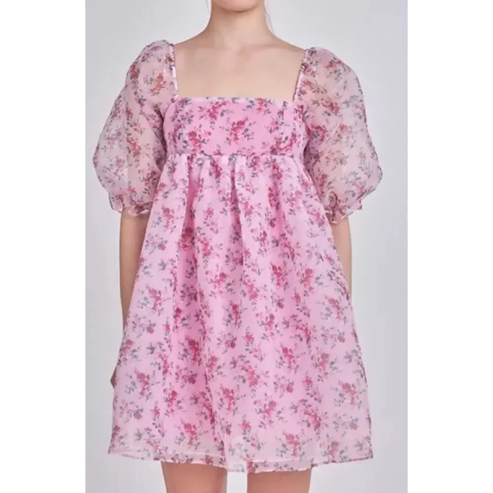 Endless Rose Floral Puff Pink Barbie Baby Doll Mini Dress Balloon Sleeves Size S